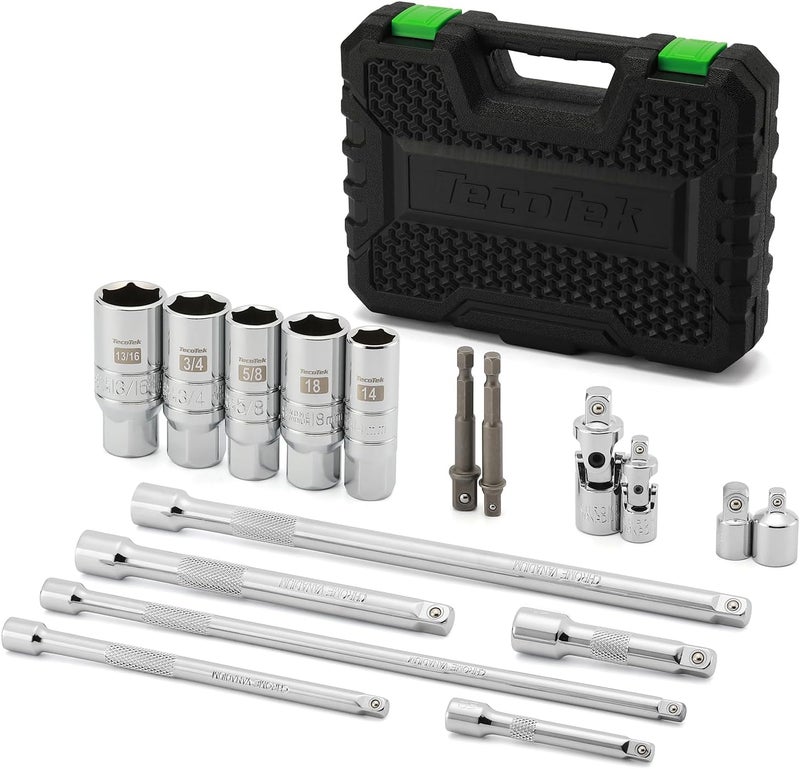TecoTek 17-Pieces Drive Tool Accessory Set, Spark Plug Socket Set, Includes 1/4" & 3/8” Drive Extension Bar, Socket Adapter, Universal Joints, Spark Plug Sockets, Professional Socket Accessories, Cr-V - Image 2